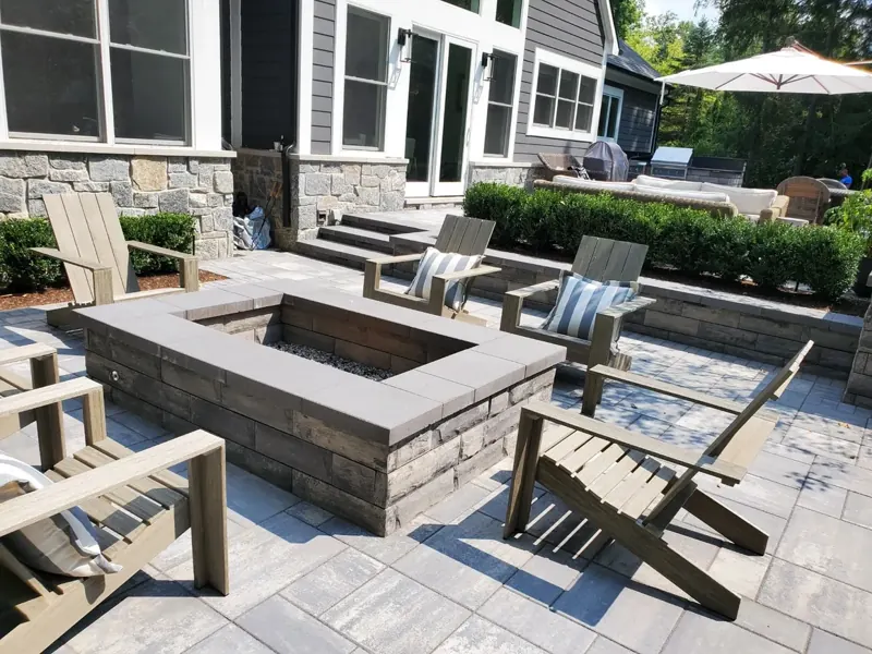 Fire pit patio with seating wall